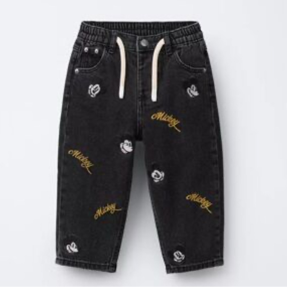 Kids Zara 3T Black Embroidered Disney Mickey Denim Pants
